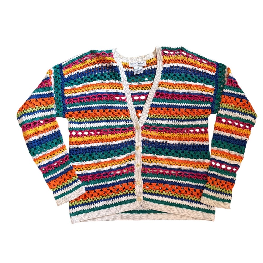 Robert Scott Ltd Vintage Crochet Cardigan Rainbow Stripe Linen Cotton Medium
